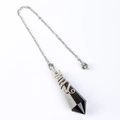 Smoky crystal pendulum pendant with silver wire wrap and metal chain on white background - Smoky Quartz