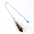 Tiger eye crystal hexagonal pendulum pendant with silver wire wrap and metal chain - Tiger's Eye