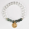 Gemini zodiac bracelet with white crystal and green moss agate beads and gold charm - Gemini