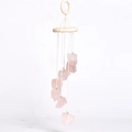 Natural pink crystal stone wind chime with wooden rings and hand-woven white cords - Rose Quartz