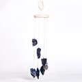 Blue natural stone wind chime with raw mineral slices and wooden hanging rings - Blue Sodalite