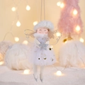 Pink plush Christmas angel tree ornament with star wand and silver sparkly wings - Puffy Skirt Angel Girl Pendant / White