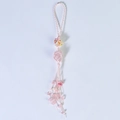 Handmade pink natural crystal keychain with woven mesh bag and rose quartz chips - Rose Quartz