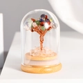 Colorful gemstone tree in glass dome with pink crystal base and wooden stand - Money Tree In Glass Dome / Rainbow Crystal