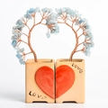 Paire d'arbres en cristal bleu clair avec base en céramique en forme de cœur Love - Style Couple Cœur / Aigue-marine