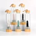 Bamboo lid glass water bottles with natural quartz energy crystals in five colors - Crystal Pillar - Bamboo Lid