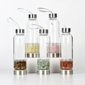 Crystal infused glass water bottle with natural gemstones and stainless steel lid - Crystal Gravel - Metal Lid
