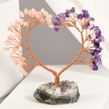 Albero di cristallo a cuore in ametista e quarzo rosa su base di pietra grezza - Stile Quarzo Rosa e Ametista