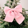 Pink velvet Christmas tree bow ornament with soft texture on a snow-covered branch - Pink Hemmed Sponge Bow