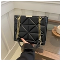 Classic black geometric quilted tote bag with gold chain strap and metallic accents - Black