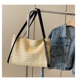 Minimalist straw tote bag with black trim and long shoulder straps in cream beige - Black