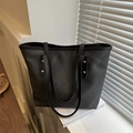 Large black matte tote bag for women with gold rivet details and dual shoulder straps - Black