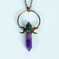 Star-shaped bronze crescent moon pendant necklace with purple amethyst and green agate - Amethyst Vintage Style
