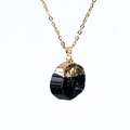 Natural black tourmaline raw stone pendant necklace with gold plated chain and cap - Black Tourmaline Gold Plated