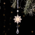 Golden snowflake ornament with white pearls and crystal waterdrop on a Christmas tree - Type F Gold