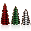 Set di tre alberi di Natale in legno a scacchi con basi a croce per decorazione festiva - Stile a Quadri