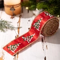 Red Christmas ribbon roll with white tree prints and golden glitter edges - Red