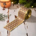 Nastro natalizio in lino con motivo a zig-zag dorato su sfondo rustico in legno - 500cmx5cm / Onda Dorata (Stile C)