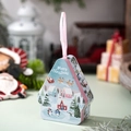 Scatola natalizia in latta a forma di casa blu con disegni festivi e manico rosa - Illustrazione Babbo Natale e Renna (Stile D)