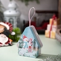 Scatola di latta natalizia blu a forma di casa con pupazzo di neve e nastro rosa - Illustrazione Pupazzo di Neve e Pinguino (Stile B)