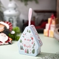 Scatola di latta blu a forma di casa per dolci natalizi con illustrazioni festive - Illustrazione Capanna Innevata e Albero di Natale (Stile E)