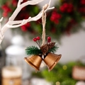 Rustic Christmas twin bronze bells with pine needles, red berries and natural pine cones - Artificial Pine Cone Double Bells Ornament / Gold