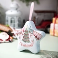 Sternförmige blaue Weihnachtsdose mit festlicher Marktszene und rosa Seidenband - Weihnachten Stern Weißblech Box Stil C