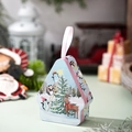 Christmas tin gift box with house shape design and pink silk handle for candies - Penguin Decorating Christmas Tree Illustration (Style A)