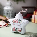 Sternförmige Weihnachts-Blechdose mit Haus-Illustration und rosa Bandgriff für Süßigkeiten - Weihnachten Stern Weißblech Box Stil D