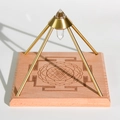 Sri Yantra wooden base with gold pyramid frame and hanging clear crystal point - Mandala / Small
