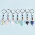 Chakra keychain set featuring seven natural raw crystals and colorful healing beads - Rainbow Rough Stones / Rose Quartz