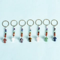 Set of seven chakra stone mushroom keychains with natural crystal beads and silver rings - Chakra Mushroom Style (Rose Quartz)