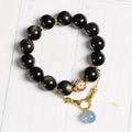 14mm Golden Sheen Obsidian bracelet with Aquamarine bead and golden hand pendant - Natural Golden Obsidian Aquamarine Bracelet