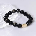 Gold sheen obsidian 12mm bead bracelet featuring a carved crystal Pixiu charm for couples - Male Style