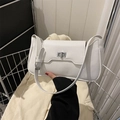 Chic white lychee leather baguette shoulder bag with silver rectangle swivel lock hardware - White