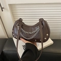 Dark brown faux crocodile leather half moon bag with silver chains and rivets - Brown