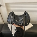 Black crocodile pattern half-moon shoulder bag with silver chains and rivets - Black