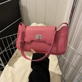 Pink lychee grain faux leather baguette bag with silver metallic twist lock closure - Rose Red