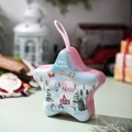 Star-shaped Christmas tin box in light blue with festive cartoon motifs and a pink ribbon - Santa And Reindeer Sleigh Style (Style F)
