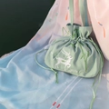Light green drawstring bag with delicate deer and bamboo embroidery in vintage style - Green