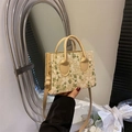Mini woven bag with green floral lace embroidery and adjustable crossbody shoulder strap - Khaki
