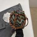 Bohemian knit bucket bag with wave patterns, leather drawstring and metal chain strap - With Ornament / Brown