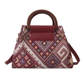 Sac à main tissé style ethnique avec rabat en cuir rouge, motifs géométriques et bois - Rouge