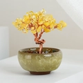 Árbol de la fortuna de cristal amarillo artesanal con base de cerámica verde - Citrino (Cuenco de Cerámica)