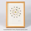 Mandala-Kunst aus Citrin, grünem Phantomquarz und Pyrit im hellen Holzrahmen - Reichtum & Wohlstand Gitter
