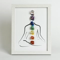 White wood frame with meditation line art and seven chakra natural stones decor - White Border