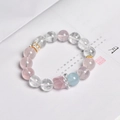 Pink quartz and aquamarine crystal bead bracelet with a gold crown charm detail - Rose Quartz Aquamarine Beaded Bracelet (Single Loop)