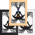 Art mural de méditation chakra en pierres naturelles avec cadres bois, noir et blanc - Femme Yoga Style 4 / Couleur bois naturel