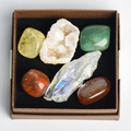 Set of 6 natural zodiac crystals including raw and polished stones in a square display box - Tumbled Stones Collection Box Three