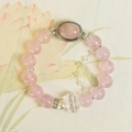 Pink quartz bead bracelet with oval gemstone, white pearl and clear crystal pendant - Natural Rose Quartz Beads Single Loop Style